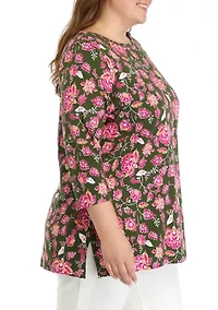 Plus 3/4 Sleeve Floral T-Shirt
