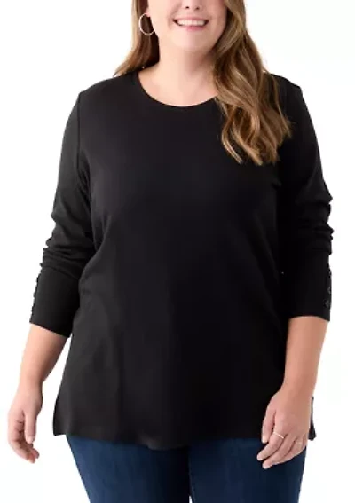 Plus Long Sleeve Crew Neck Button Detail Tunic Top