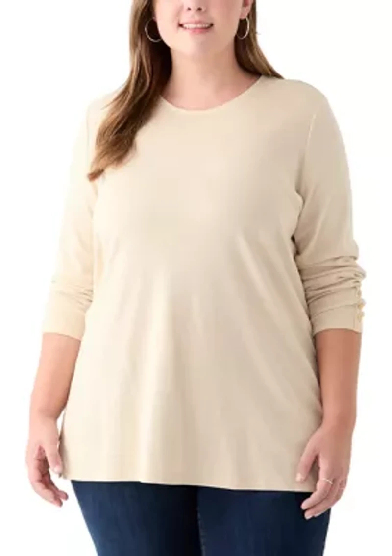 Plus Long Sleeve Crew Neck Button Detail Tunic Top