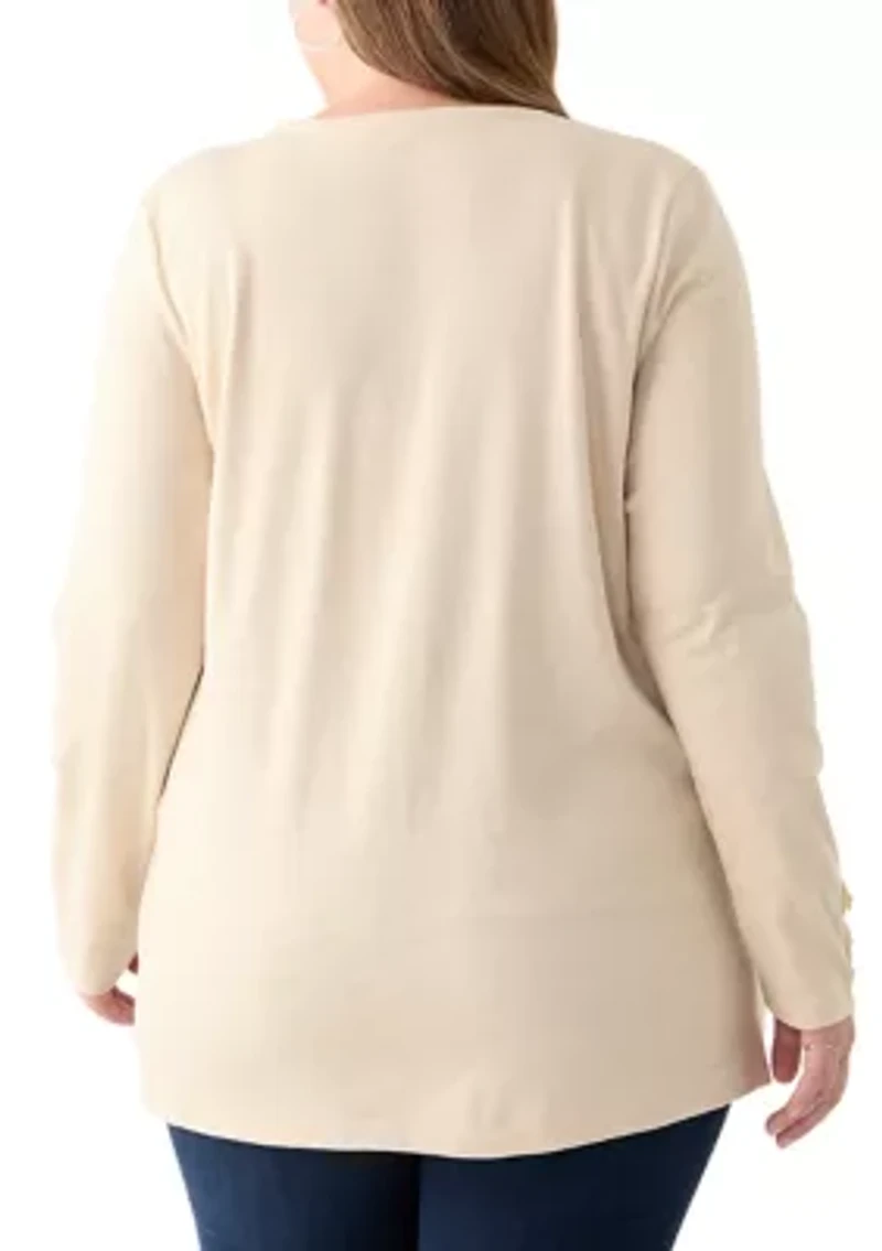 Plus Long Sleeve Crew Neck Button Detail Tunic Top