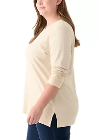 Plus Long Sleeve Crew Neck Button Detail Tunic Top