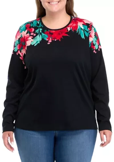 Plus Long Sleeve Placement Print Top
