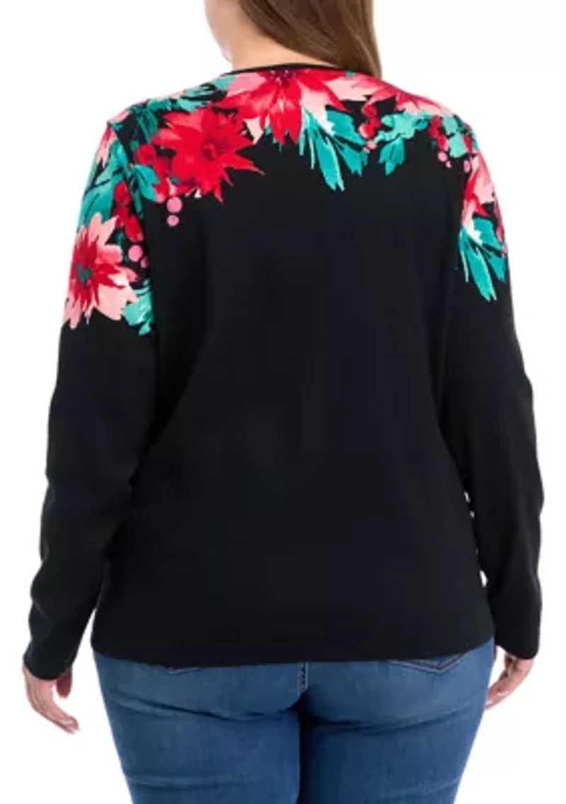 Plus Long Sleeve Placement Print Top