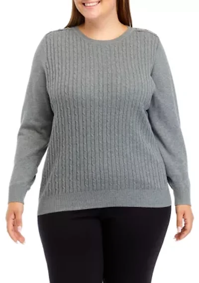Plus Long Sleeve Cable Knit Button Trim Sweater