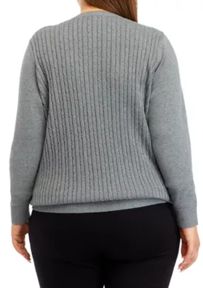 Plus Long Sleeve Cable Knit Button Trim Sweater