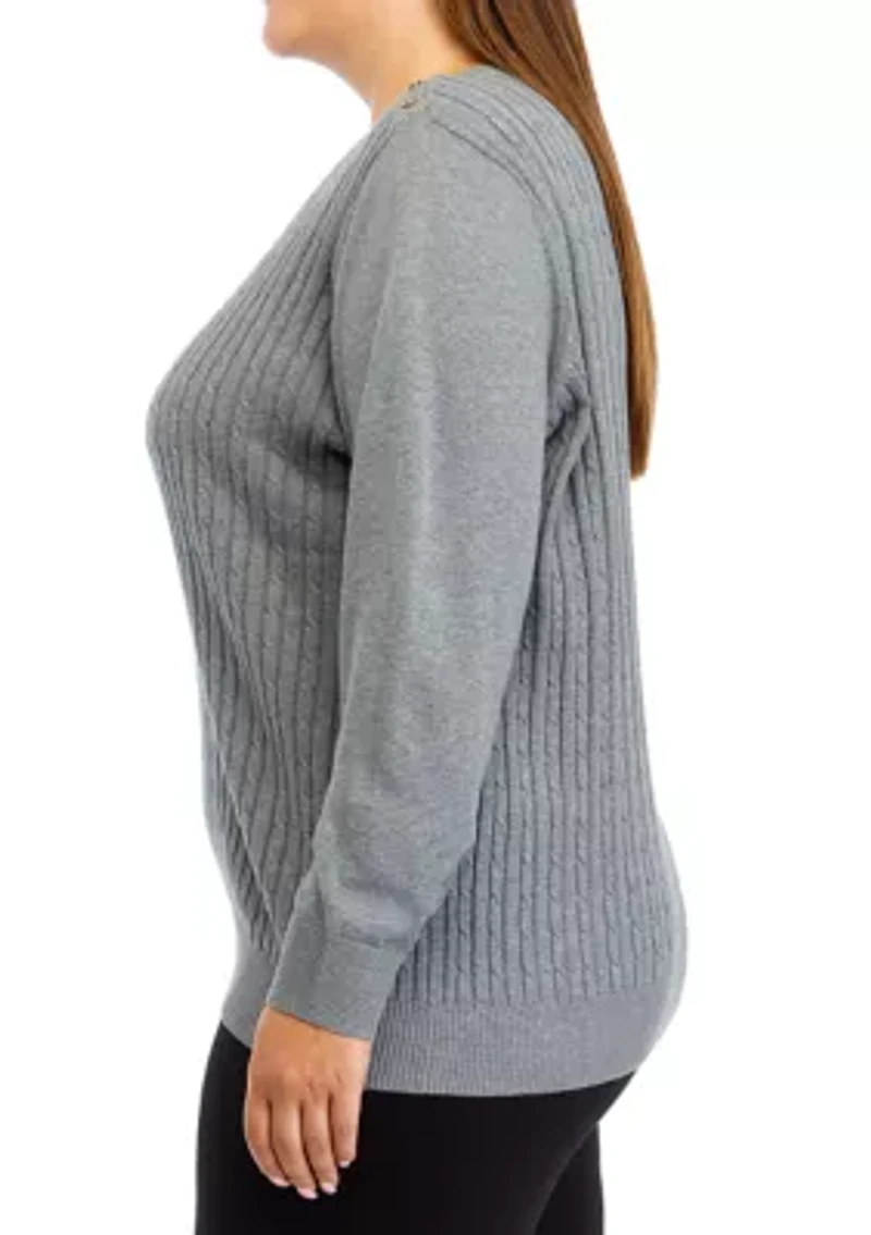 Plus Long Sleeve Cable Knit Button Trim Sweater