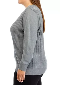 Plus Long Sleeve Cable Knit Button Trim Sweater