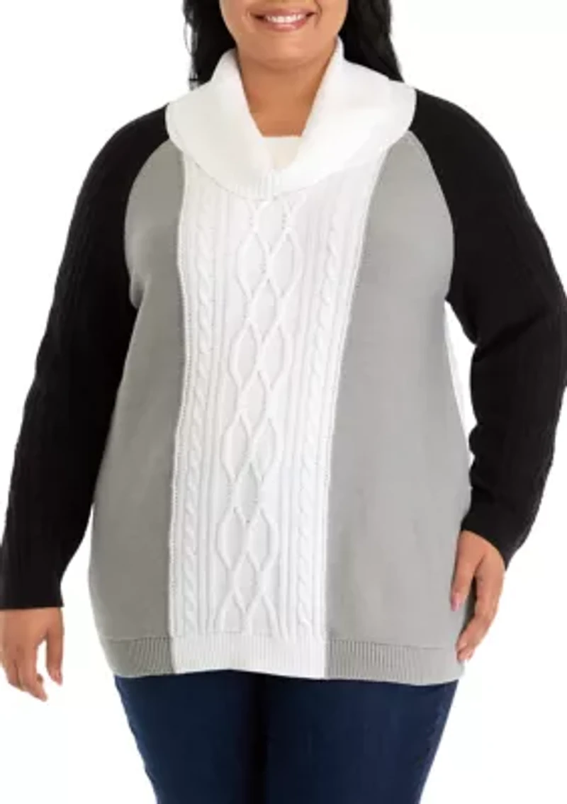 Plus Long Sleeve Cowl Neck Color Block Cable Knit Sweater