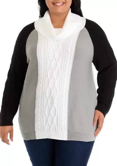 Plus Long Sleeve Cowl Neck Color Block Cable Knit Sweater
