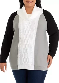 Plus Long Sleeve Cowl Neck Color Block Cable Knit Sweater