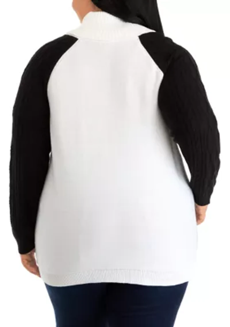 Plus Long Sleeve Cowl Neck Color Block Cable Knit Sweater