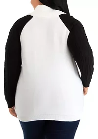 Plus Long Sleeve Cowl Neck Color Block Cable Knit Sweater