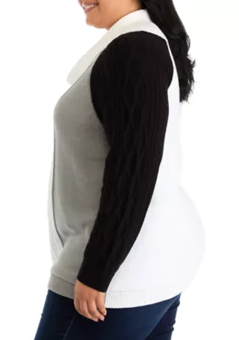 Plus Long Sleeve Cowl Neck Color Block Cable Knit Sweater