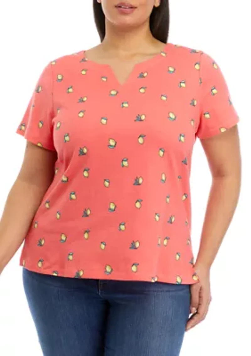 Plus Short Sleeve Split Neck Printed T-Shirt
