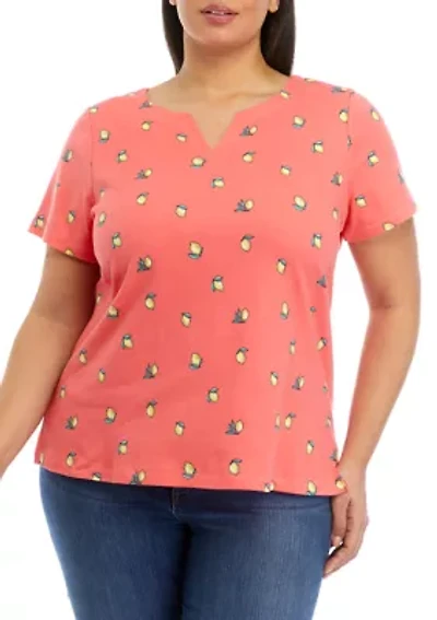 Plus Short Sleeve Split Neck Printed T-Shirt