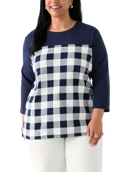 Plus Three Quarter Pieced Yoke Crew Neck Top