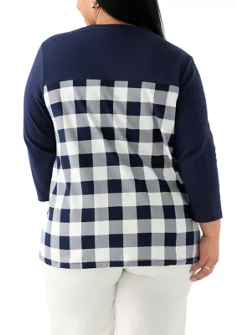 Plus Three Quarter Pieced Yoke Crew Neck Top