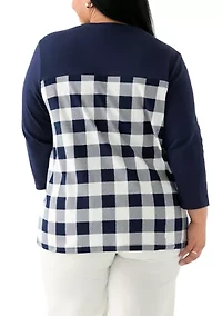 Plus Three Quarter Pieced Yoke Crew Neck Top