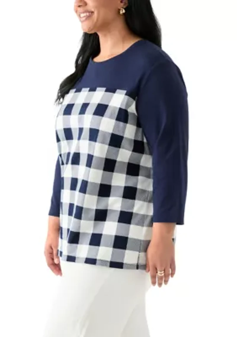 Plus Three Quarter Pieced Yoke Crew Neck Top