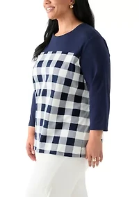 Plus Three Quarter Pieced Yoke Crew Neck Top