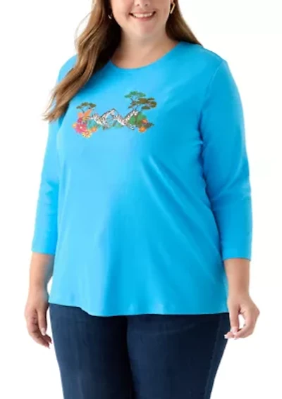 Plus 3/4 Sleeve Crew Neck Graphic T-Shirt