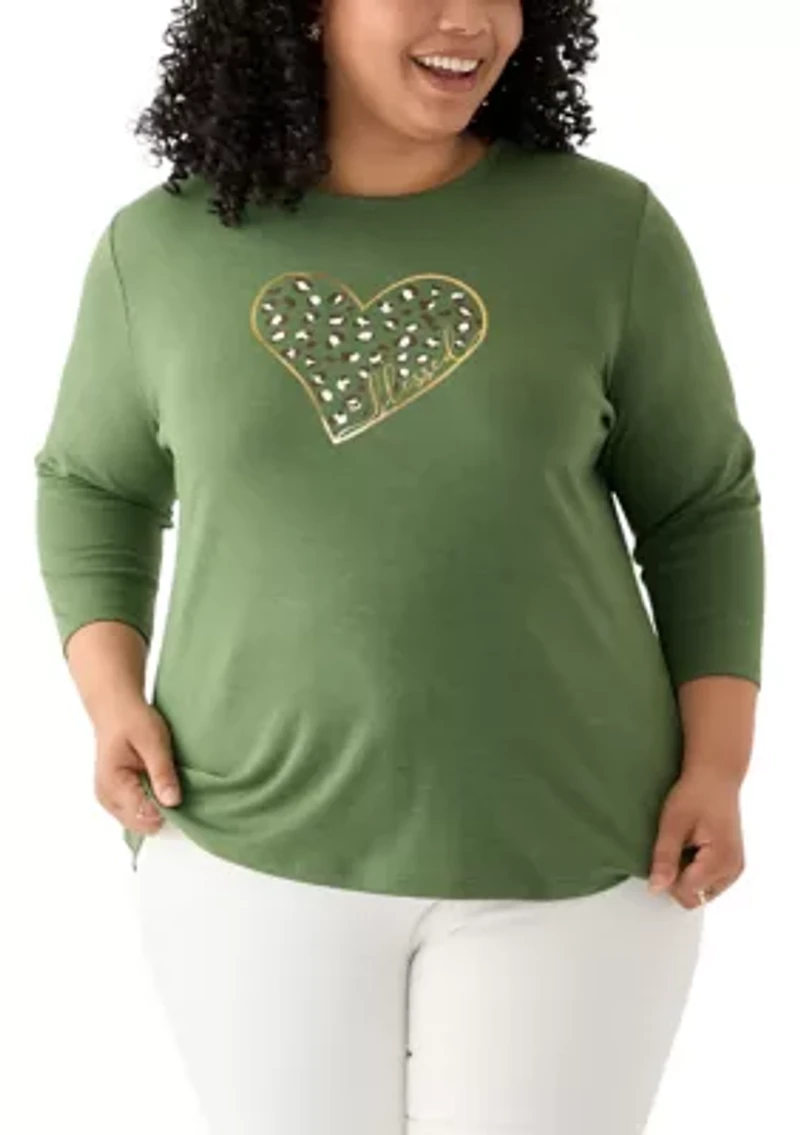 Plus 3/4 Sleeve Crew Neck Heather Graphic T-Shirt