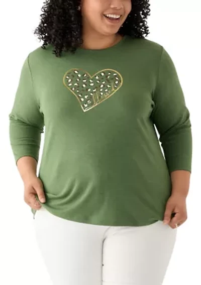 Plus 3/4 Sleeve Crew Neck Heather Graphic T-Shirt