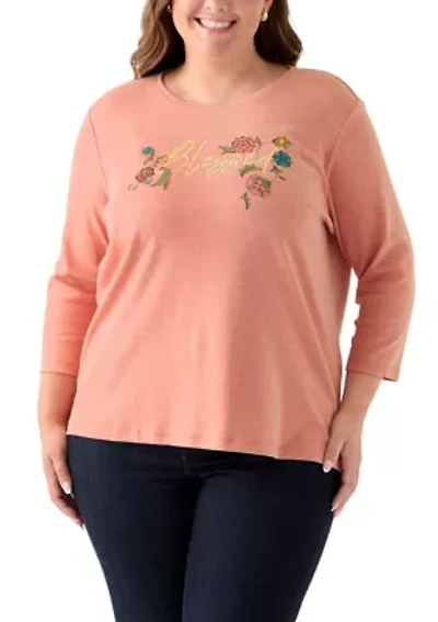 Plus 3/4 Sleeve Crew Neck Heather Graphic T-Shirt