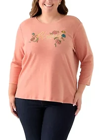 Plus 3/4 Sleeve Crew Neck Heather Graphic T-Shirt