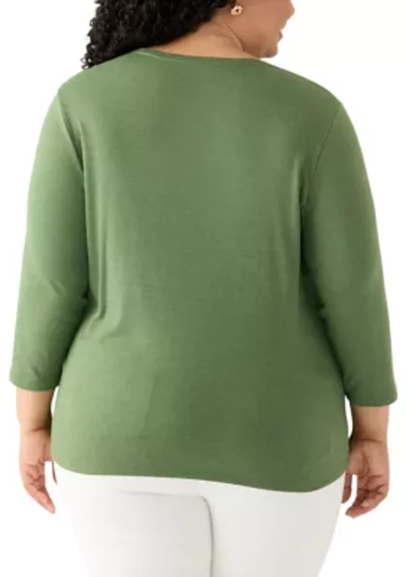 Plus 3/4 Sleeve Crew Neck Heather Graphic T-Shirt