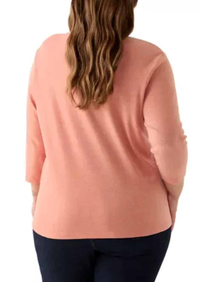 Plus 3/4 Sleeve Crew Neck Heather Graphic T-Shirt