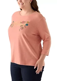 Plus 3/4 Sleeve Crew Neck Heather Graphic T-Shirt