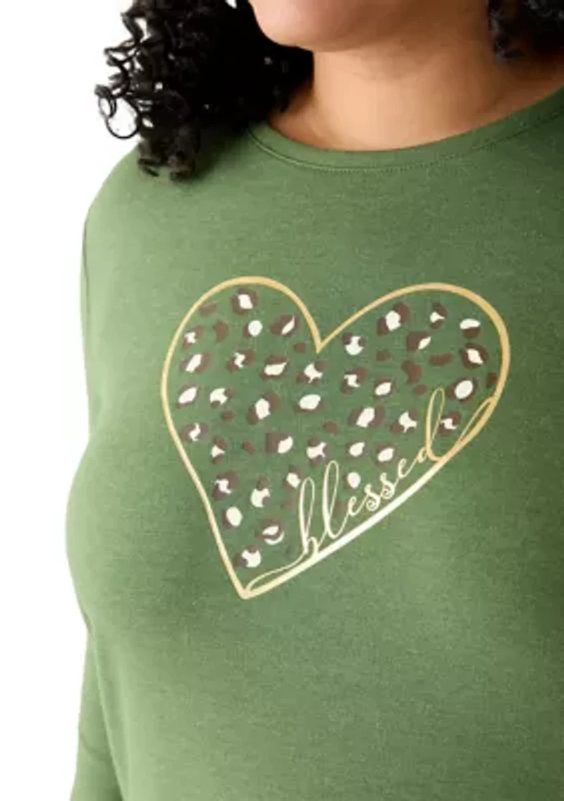 Plus 3/4 Sleeve Crew Neck Heather Graphic T-Shirt