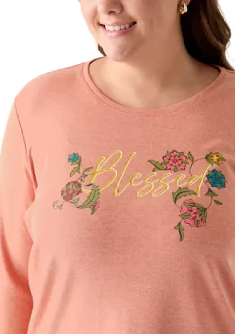 Plus 3/4 Sleeve Crew Neck Heather Graphic T-Shirt