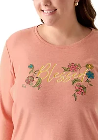 Plus 3/4 Sleeve Crew Neck Heather Graphic T-Shirt