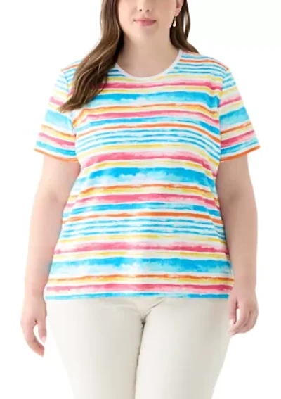 Plus Short Sleeve Crew Neck Stripe Print Top