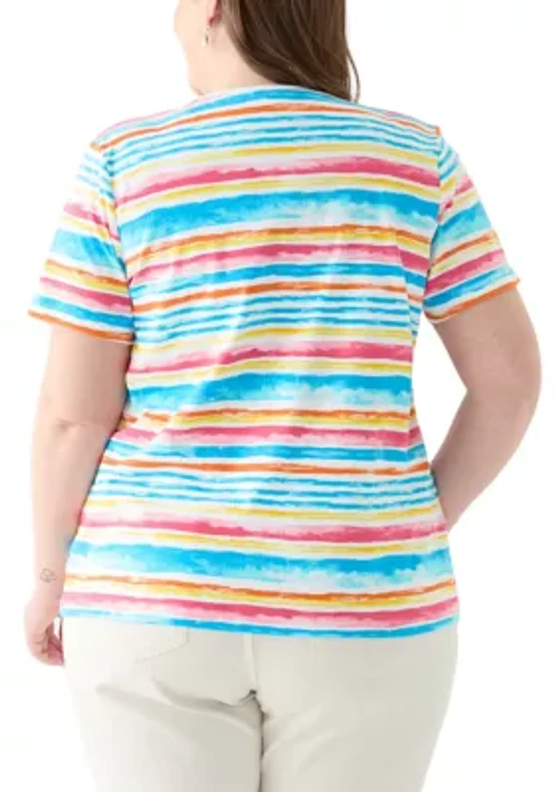 Plus Short Sleeve Crew Neck Stripe Print Top