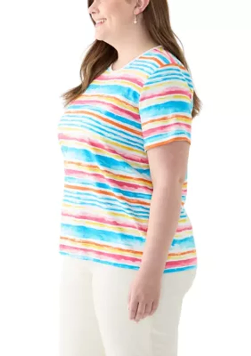 Plus Short Sleeve Crew Neck Stripe Print Top