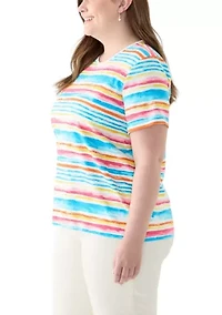 Plus Short Sleeve Crew Neck Stripe Print Top