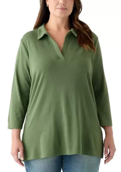 Plus 3/4 Sleeve Polo Tunic Shirt