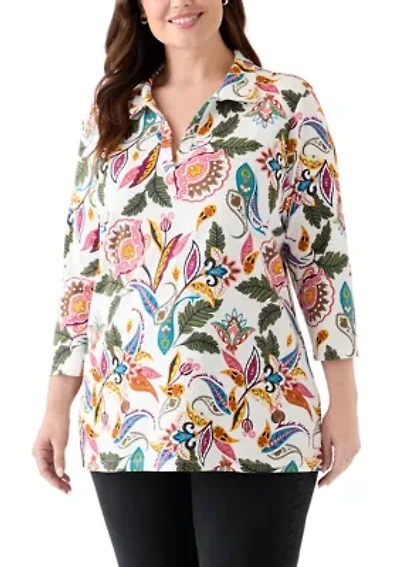 Plus Three-Quarter Sleeve Tunic Printed Shirt