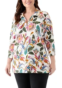 Plus Three-Quarter Sleeve Tunic Printed Shirt