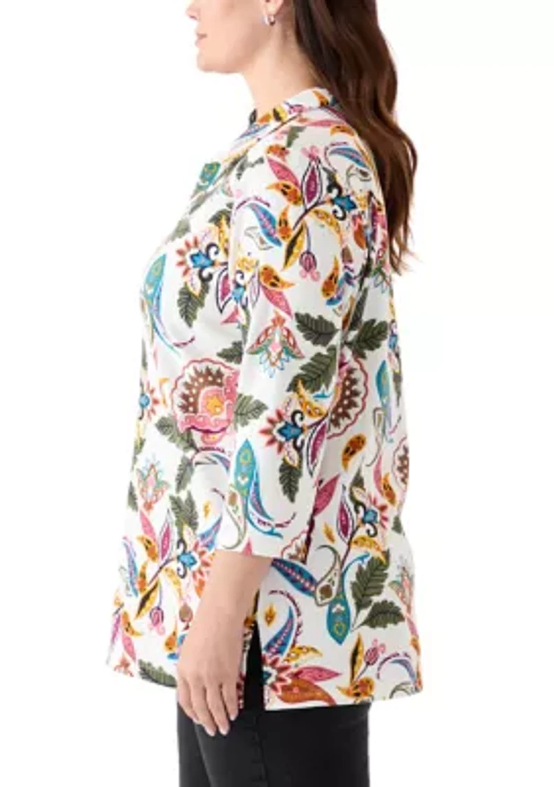 Plus Three-Quarter Sleeve Tunic Printed Shirt