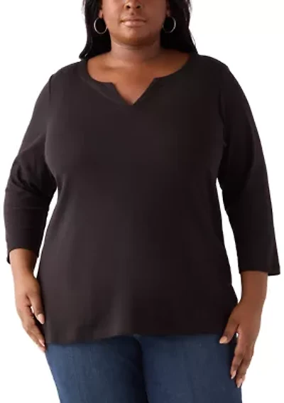 Plus 3/4 Sleeve Split Neck Top
