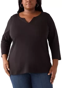 Plus 3/4 Sleeve Split Neck Top