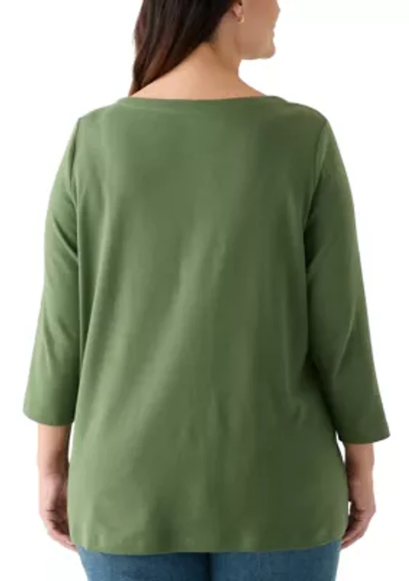 Plus 3/4 Sleeve Split Neck Top
