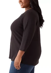 Plus 3/4 Sleeve Split Neck Top