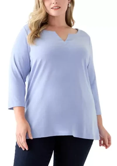 Plus 3/4 Sleeve Split Neck Top
