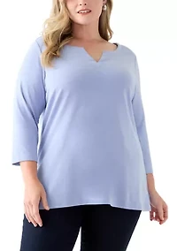 Plus 3/4 Sleeve Split Neck Top