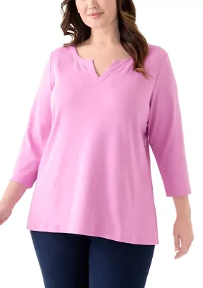 Plus 3/4 Sleeve Split Neck Top